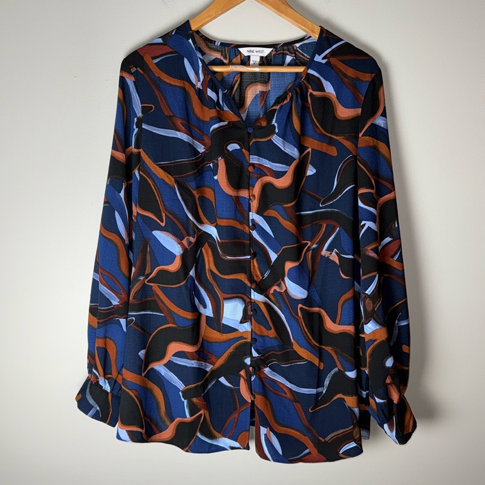 Nine West 1X Blue Brown Blouse